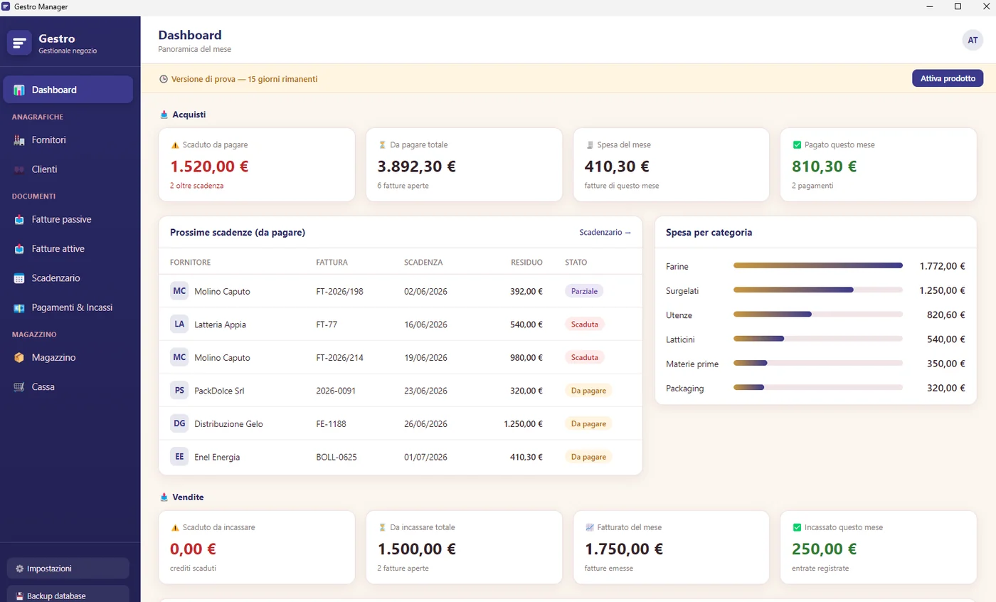 Dashboard di Gestro con acquisti, vendite, prossime scadenze e spesa per categoria