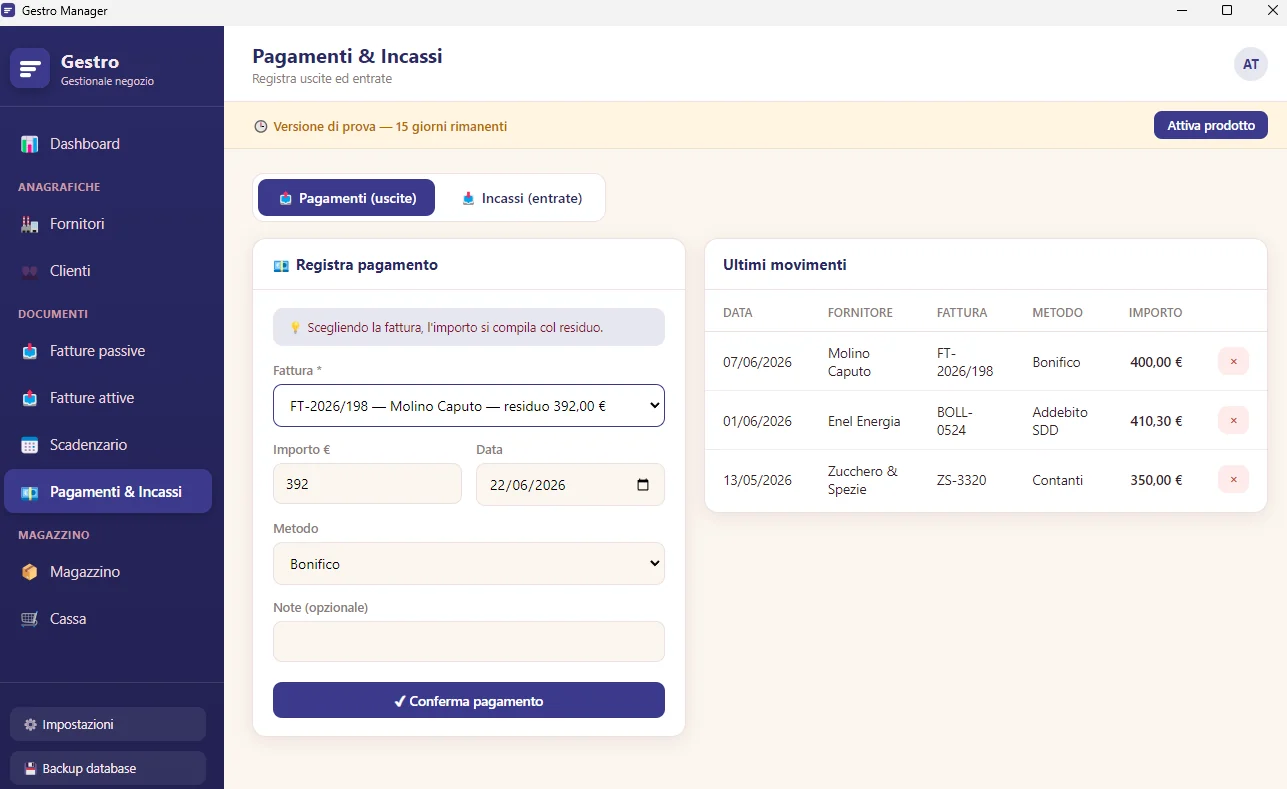 Pagamenti e incassi di Gestro con registrazione pagamento e ultimi movimenti