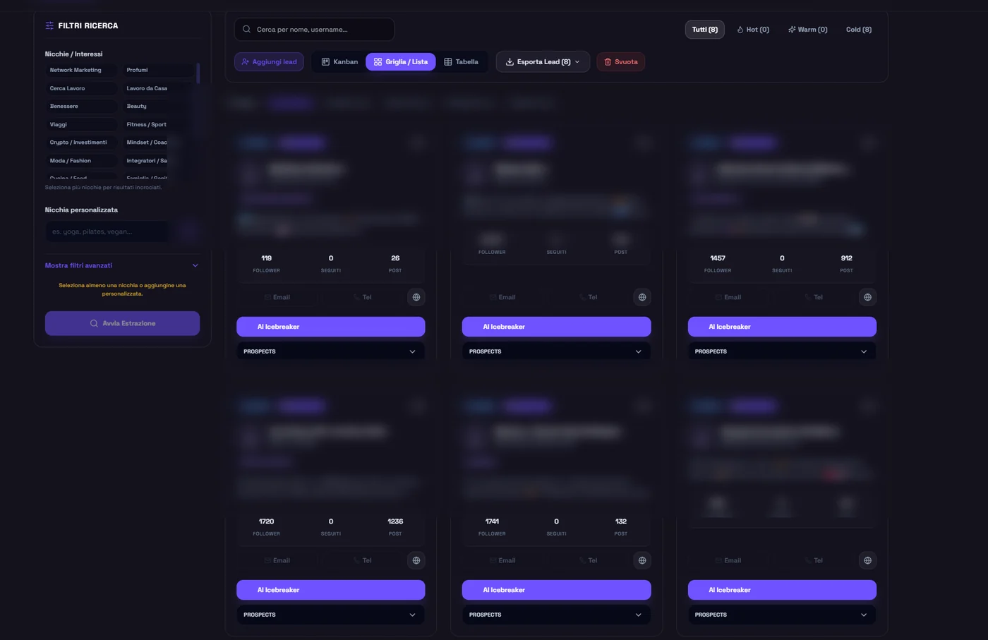 Griglia dei lead estratti da Instagram in LeadDirectly, con statistiche e pulsante AI Icebreaker; nomi e handle oscurati per privacy