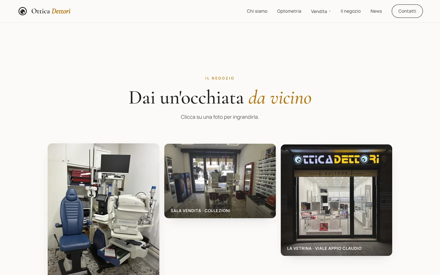 Sezione 'Il negozio' del sito Ottica Dettori con foto reali della sala vendita e della vetrina del punto vendita